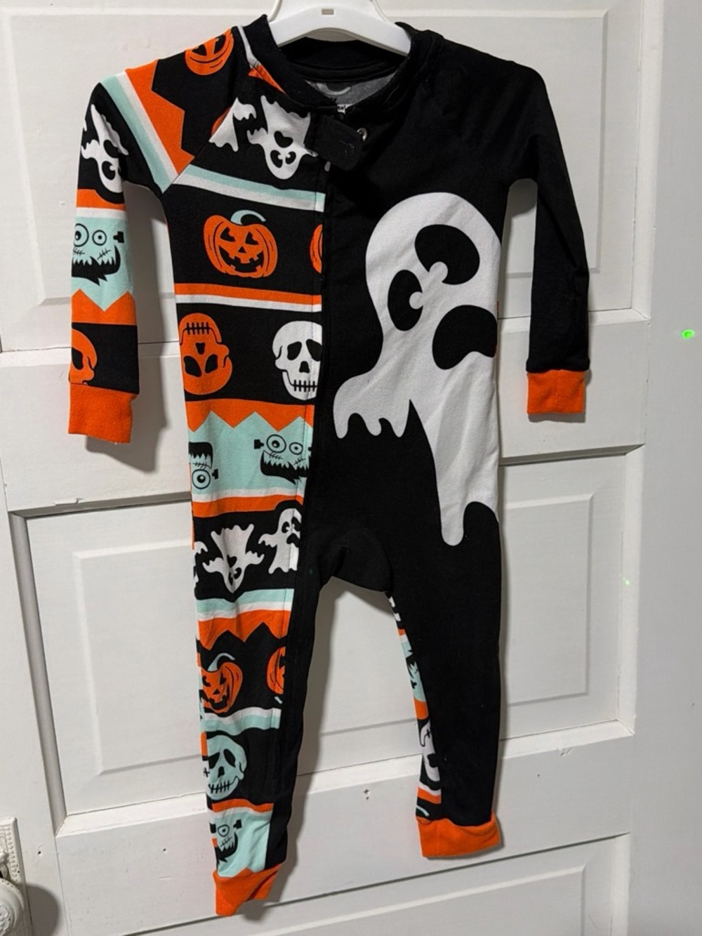 Halloween Ghost & Pumpkin Toddler One-Piece Bodysuit - Black, Orange & Mint